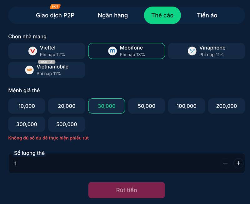 Hướng dẫn rút tiền qua thẻ cào